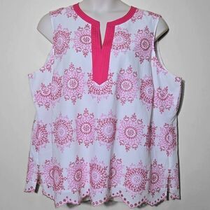 Talbots Embroidered Boho Eyelet Tunic Top 3X Petite White Pink Beach Resortwear